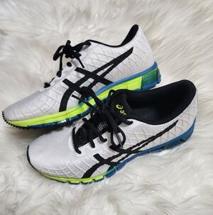 ASICS White Black Neon Yellow & Blue Athletic Running Shoes